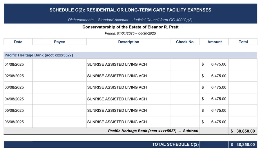 GC-400 conservatorship accounting example: GC-400(C)(2): residential or long-term care facility