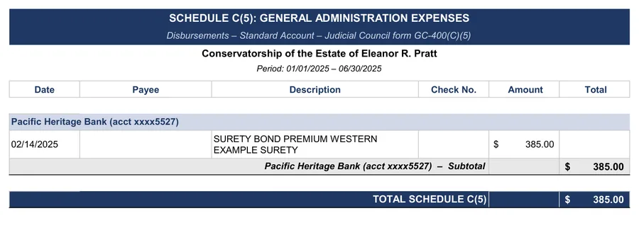 GC-400 conservatorship accounting example: GC-400(C)(5): general administration expenses